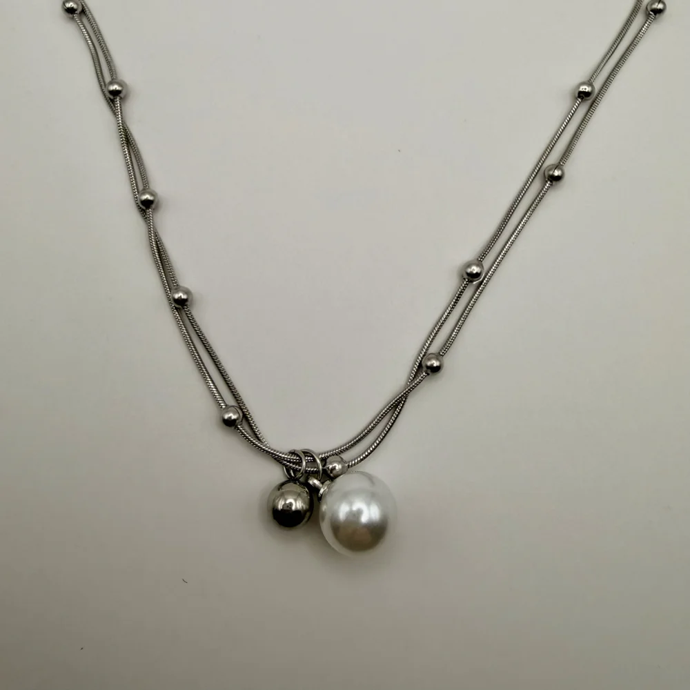 Silver Stainless Steel Layered Pearl Pendant Necklace Dainty Jewelry